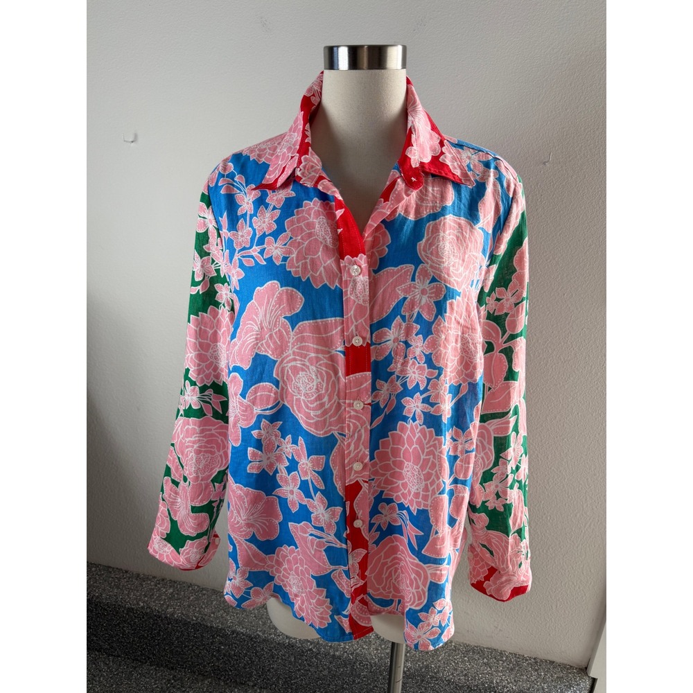 Boden Womens 14R Sienna Linen Shirt Pink Blue Floral Button Up Blouse Top